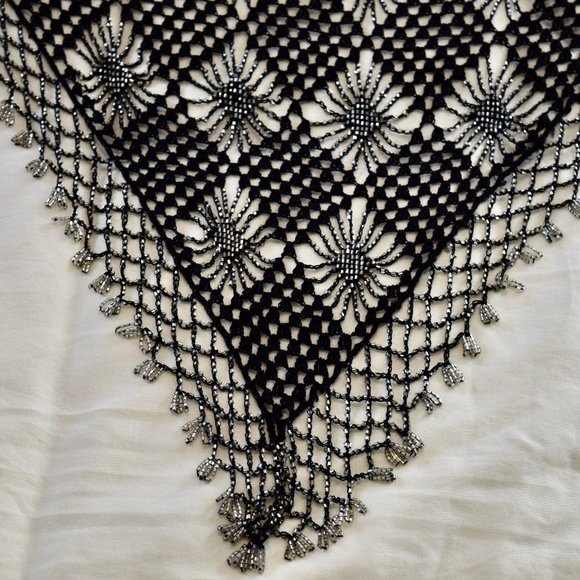 Vintage Black and Silver Beaded Shawl - Picture 2 of 7